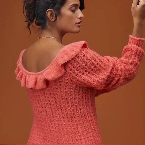 NWOT Anthropologie hot pink off the shoulder ruffled sweater - Picture 2 of 7